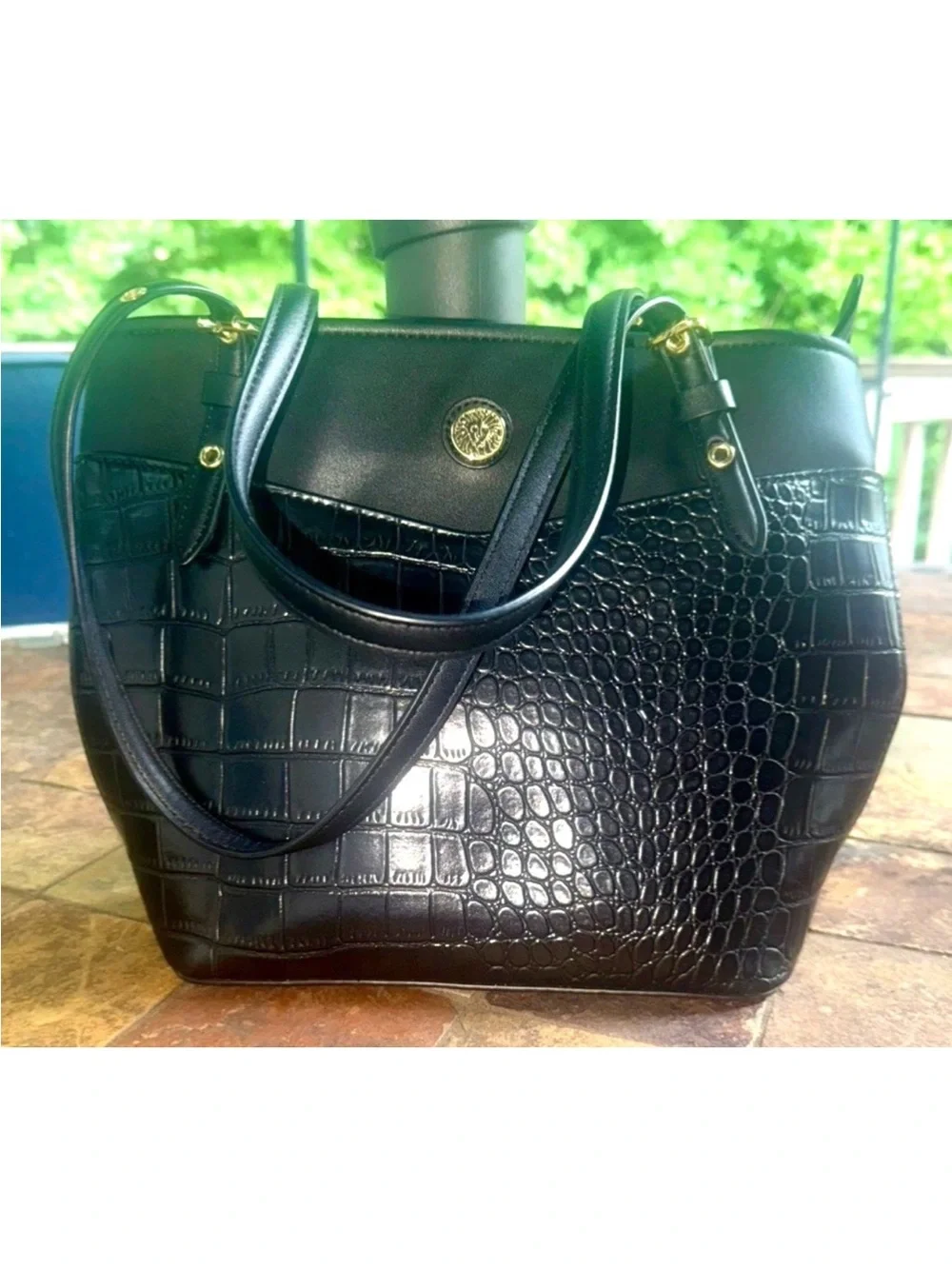 🖤ANNE KLEIN🖤 CROC EMBOSSED FRONT POCKET SLEEVE ADJUSTABLE STRAPS BUCKET TOTE BAG